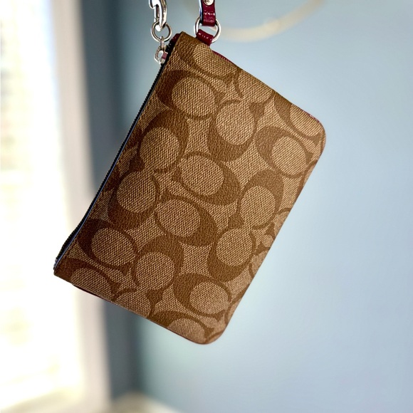 Coach Brown Signature Canvas Wristlet with Plum Trim - Picture 10 of 10